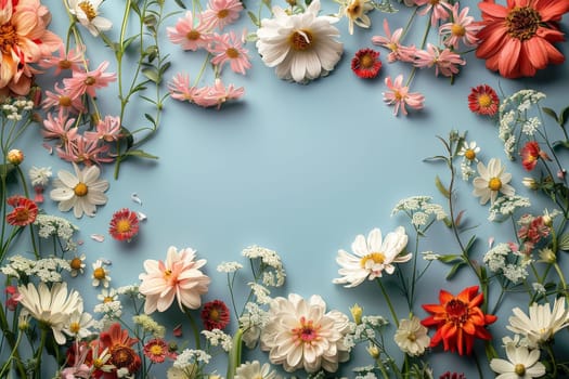 A colorful bouquet of flowers is arranged in a circle on a blue background. The flowers are of various colors and sizes, creating a vibrant and lively atmosphere