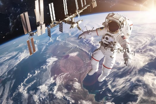 A man in a spacesuit is floating in space. Concept of adventure and exploration, as the astronaut is in the vastness of space, far from the confines of Earth