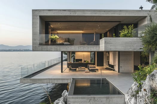 A large house with a balcony overlooking a body of water. The house is made of concrete and has a modern design. The balcony is open to the water, providing a beautiful view