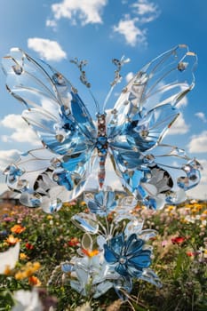 A blue butterfly with a flower on its back is sitting in a field of flowers. The butterfly is surrounded by a variety of flowers, including daisies, roses, and sunflowers. The scene is peaceful