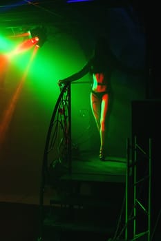 silhouette slim sexy girls dancing Gogh-go in night club with bare body