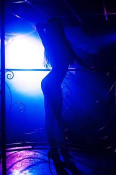 slim sexy flexible girl posing on the nightclub scene silhouette with blue light