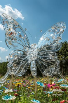 A blue butterfly with a flower on its back is sitting in a field of flowers. The butterfly is surrounded by a variety of flowers, including daisies, roses, and sunflowers. The scene is peaceful