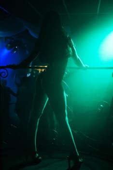 silhouette slim sexy girl with a beautiful figure on the stage of a nightclub at a party