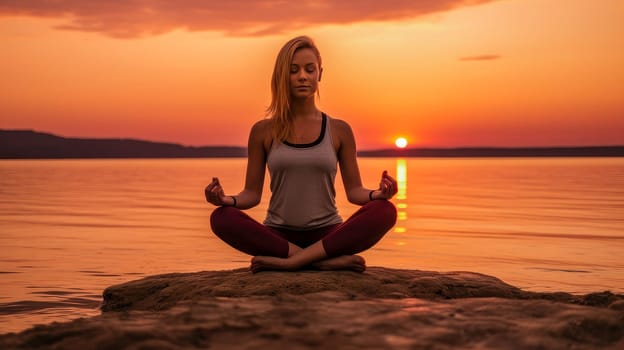 Woman girl happy smiling white Caucasian doing sports and yoga ocean shore against the backdrop of the sun, uniting with nature. Healthy spirit, healthy lifestyle, proper nutrition, mental health, sports and training, loss of excess weight, muscles.