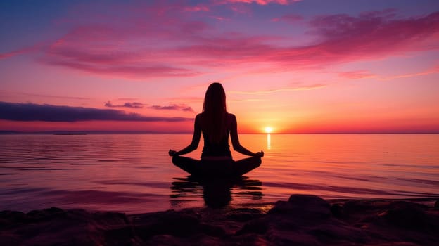 Woman girl happy smiling white Caucasian doing sports and yoga ocean shore against the backdrop of the sun, uniting with nature. Healthy spirit, healthy lifestyle, proper nutrition, mental health, sports and training, loss of excess weight, muscles.