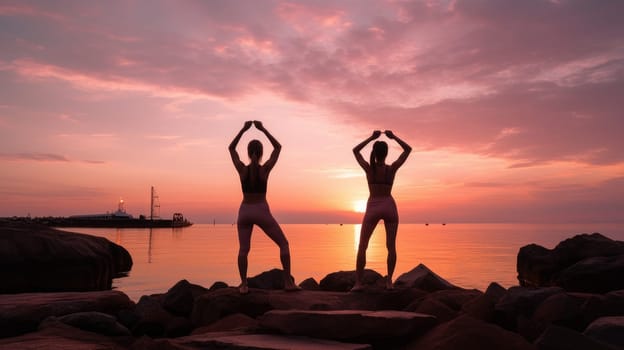 Woman girl happy smiling white Caucasian doing sports and yoga ocean shore against the backdrop of the sun, uniting with nature. Healthy spirit, healthy lifestyle, proper nutrition, mental health, sports and training, loss of excess weight, muscles.