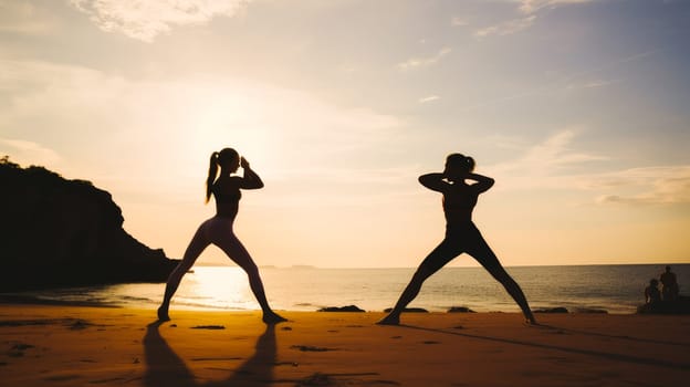 Woman girl happy smiling white Caucasian doing sports and yoga ocean shore against the backdrop of the sun, uniting with nature. Healthy spirit, healthy lifestyle, proper nutrition, mental health, sports and training, loss of excess weight, muscles.