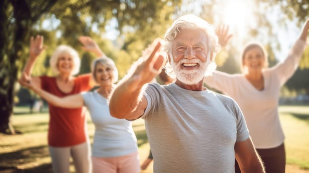 Elderly old pensioners happy smiling doing sports, yoga and jogging in park against the backdrop sun, being united with nature. Healthy spirit, healthy lifestyle, proper nutrition, mental health, sports and training, loss of excess weight, muscles.