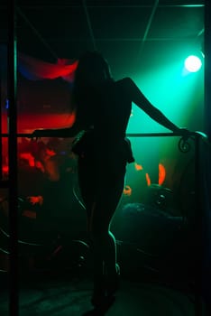 silhouette of a young female dancer posing against the nightclub scene with blurred dark background