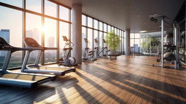 Bright modern gym with sports equipment and exercise equipment with large windows. Healthy spirit, healthy lifestyle, proper nutrition, mental health, sports and training, loss of excess weight, muscles.