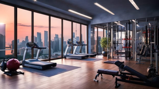 Bright modern gym with sports equipment and exercise equipment with large windows. Healthy spirit, healthy lifestyle, proper nutrition, mental health, sports and training, loss of excess weight, muscles.