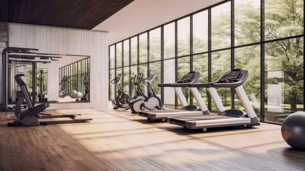 Bright modern gym with sports equipment and exercise equipment with large windows. Healthy spirit, healthy lifestyle, proper nutrition, mental health, sports and training, loss of excess weight, muscles.