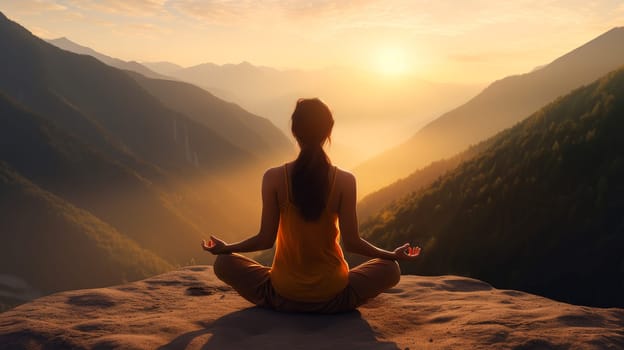 Woman girl happy smiling white Caucasian doing sports and yoga in nature in the mountains against the backdrop of the sun, uniting with nature. Healthy spirit, healthy lifestyle, proper nutrition, mental health, loss of excess weight, muscles.