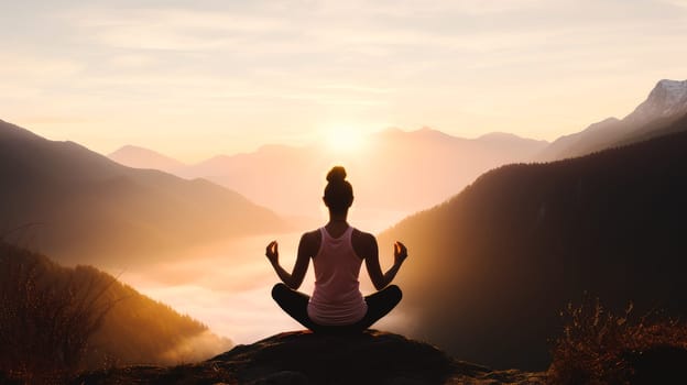 Woman girl happy smiling white Caucasian doing sports and yoga in nature in the mountains against the backdrop of the sun, uniting with nature. Healthy spirit, healthy lifestyle, proper nutrition, mental health, loss of excess weight, muscles.