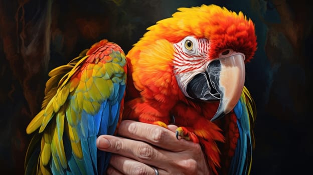 Adventurous parrot photo realistic illustration - AI generated. Parrot, colorful, man, shoulder.