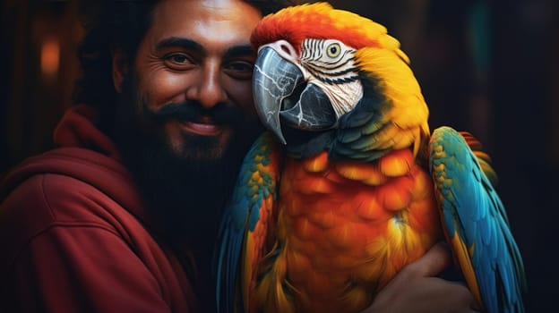 Adventurous parrot photo realistic illustration - AI generated. Parrot, colorful, man, shoulder.