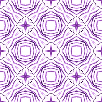 Watercolor ikat repeating tile border. Purple favorable boho chic summer design. Textile ready pleasant print, swimwear fabric, wallpaper, wrapping. Ikat repeating swimwear design.