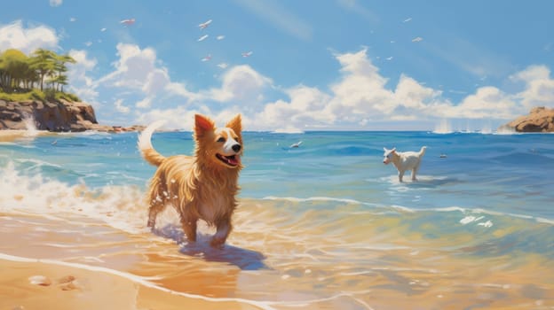 Beach day bliss with a canine watercolor illustration - AI generated. Dogs, beach, ocean, blue, sky.