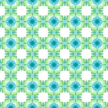 Ikat repeating swimwear design. Green wondrous boho chic summer design. Textile ready amazing print, swimwear fabric, wallpaper, wrapping. Watercolor ikat repeating tile border.