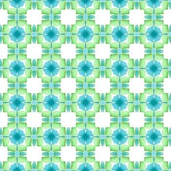 Ikat repeating swimwear design. Green wondrous boho chic summer design. Textile ready amazing print, swimwear fabric, wallpaper, wrapping. Watercolor ikat repeating tile border.