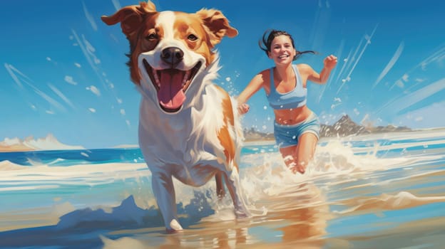 Beach day bliss with a canine watercolor illustration - AI generated. Dogs, beach, ocean, blue, sky.