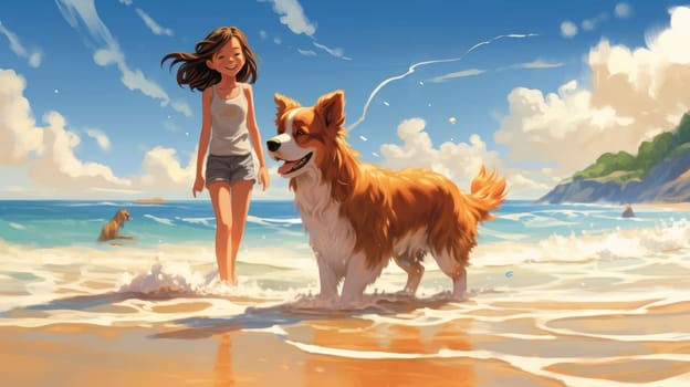 Beach day bliss with a canine watercolor illustration - AI generated. Dogs, beach, ocean, blue, sky.