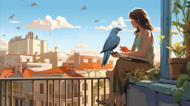 Birdwatching on the balcony watercolor illustration - AI generated. Parrot, man, balcony, buildings.