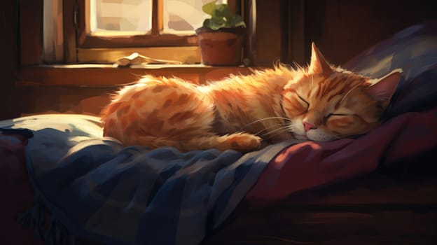 Cozy cat nap on the couch watercolor illustration - AI generated. Red, cat, sleeping, sunbeams.