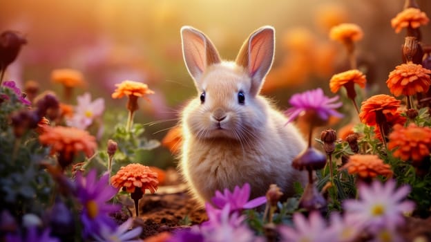 Cute Easter bunny in a field with flowers in nature, in the sun's rays. Environmental protection, the problem of ocean and nature pollution. Advertising for a travel agency, pet store, veterinary clinic, phone screensaver, beautiful pictures, puzzles