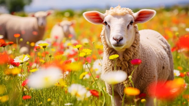 Cute, beautiful sheep in a field with flowers in nature, in sunny pink rays. Environmental protection, the problem of ocean and nature pollution. Advertising travel agency, pet store, veterinary clinic, phone screensaver, beautiful pictures, puzzles