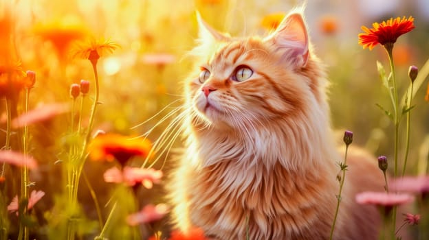 Cute, beautiful cat in a field with flowers in nature, in sunny pink rays. Environmental protection, nature pollution problem, wild animals. Advertising for a travel agency, pet store, veterinary clinic, phone screensaver, beautiful pictures, puzzles