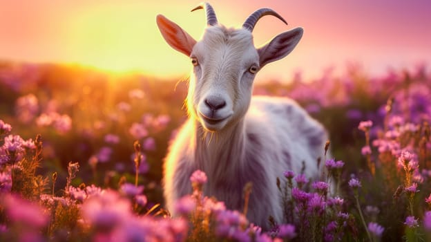Cute, beautiful goat in a field with flowers in nature, in sunny pink rays. Environmental protection, nature pollution problem, wild animals. Advertising for a travel agency, pet store, veterinary clinic, phone screensaver beautiful pictures, puzzles