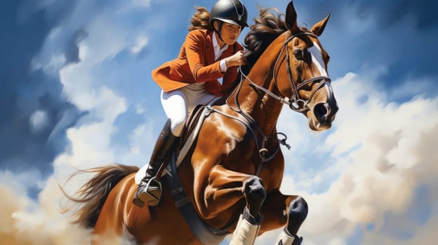 Equestrian harmony photo realistic illustration - AI generated. Horse, woman, rider, reins.