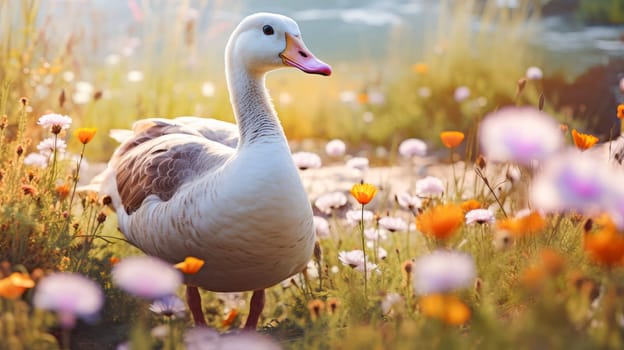 Cute, beautiful goose in a field with flowers in nature, in sunny pink rays. Environmental protection, nature pollution problem, wild animals. Advertising for travel agency, pet store, veterinary clinic, phone screensaver, beautiful pictures, puzzles