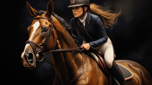 Equestrian harmony photo realistic illustration - AI generated. Horse, woman, rider, reins.