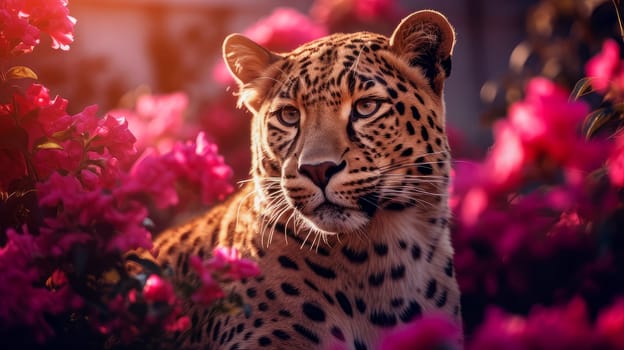 Cute, beautiful leopard in a field with flowers in nature, in sunny pink rays. Environmental protection, nature pollution problem, wild animals. Advertising travel agency, pet store, veterinary clinic, phone screensaver, beautiful pictures, puzzles