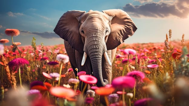 Cute, beautiful elephant in a field with flowers in nature, in sunny pink rays. Environmental protection, nature pollution problem, wild animals. Advertising travel agency, pet store, veterinary clinic, phone screensaver, beautiful pictures, puzzles