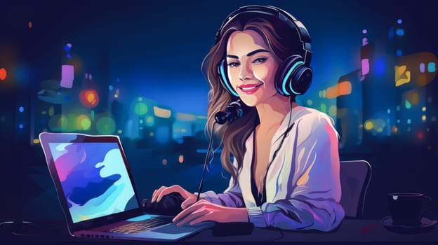 Portrait of a young modern DJ girl wearing headphones and using a laptop against the backdrop of a night city and neon lights in a futuristic style.....