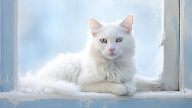 Happy, contented and cute cat, white and fluffy. Advertising holidays for animals, travel agency, pet store, modern training and courses, animators, holiday goods, veterinary medicine, veterinary pharmacy.