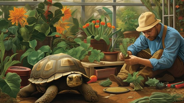 Gardening with a tortoise photo realistic illustration - AI generated. Big, turtle, man, flower, garden.