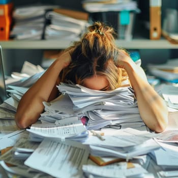 Young woman buried under paperwork in an office. Overwork and stress concepts.