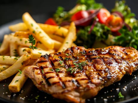 Close up of tasty grilled chicken chop with french fries and salad.