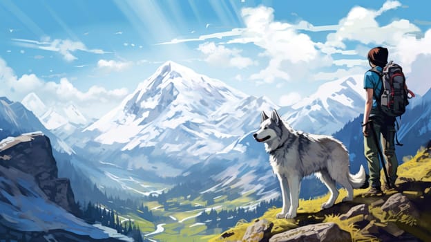 Hiking with husky photo realistic illustration - AI generated. Husky, dog, man, mountain, sunset.