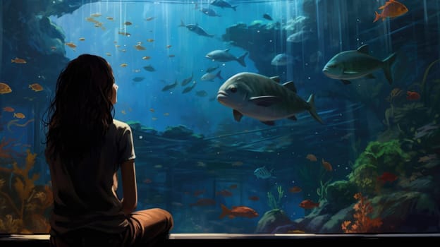 Quiet aquarium photo realistic illustration - AI generated. Girl, watching, aquarium, blue, fish.