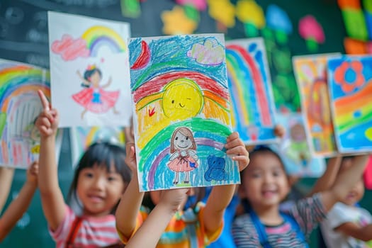 A group of children are holding up their drawings of rainbows. The drawings are colorful and cheerful, and the children are smiling as they show them off. Concept of joy and creativity