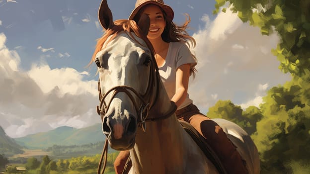 Therapeutic horseback ride watercolor illustration - AI generated. Girl, horse, rider, sky, mountain.