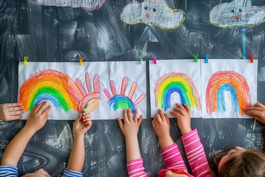 A group of children are drawing rainbows on a chalkboard. The children are holding their hands up and are smiling. Scene is happy and playful