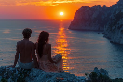Silhouetted couple watches sunset on Capri, with vibrant skies and golden reflections along the rugged Mediterranean coastline