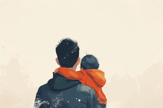 A man and a child are holding each other. The man is wearing a black jacket and the child is wearing an orange jacket. The scene is a drawing of a father and son